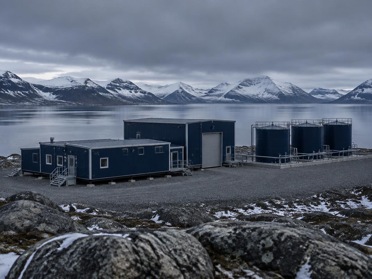 Modular industrial buildings and fuel storage tanks on a gravel pad in a cold northern landscape.