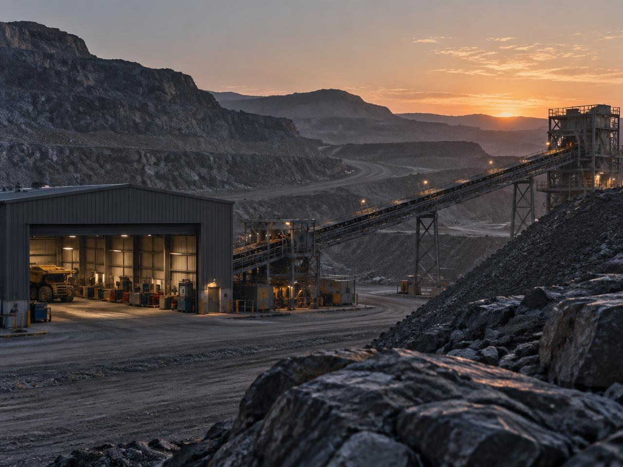 Maintenance workshop and conveyor infrastructure at a mine site at dawn.
