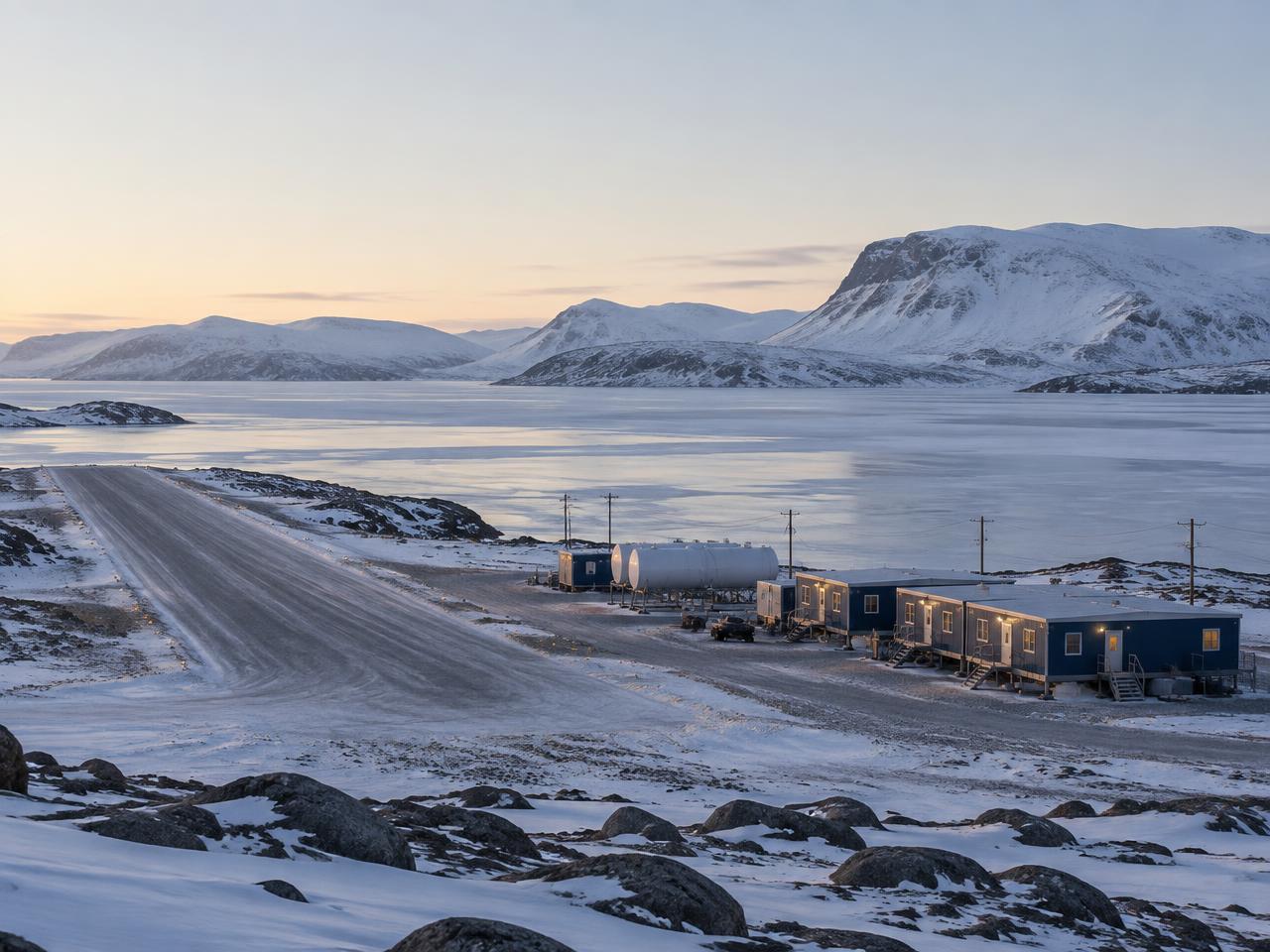 Gravel airstrip, accommodation units, power lines and water tanks beside a frozen lake.